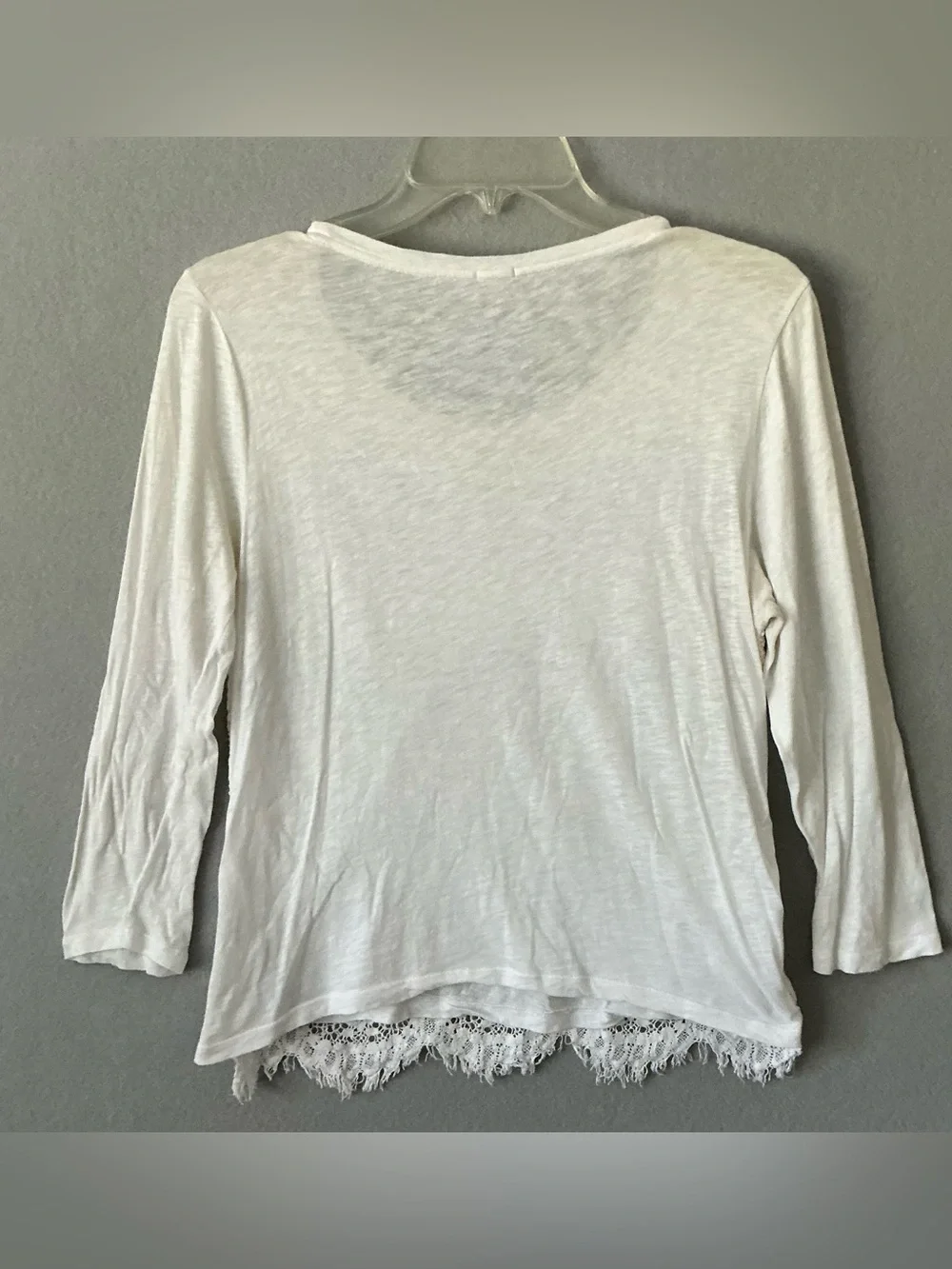 J CREW White Crochet Lace Front Fringe Hem Top Scoop Neck Long Sleeve L Boho